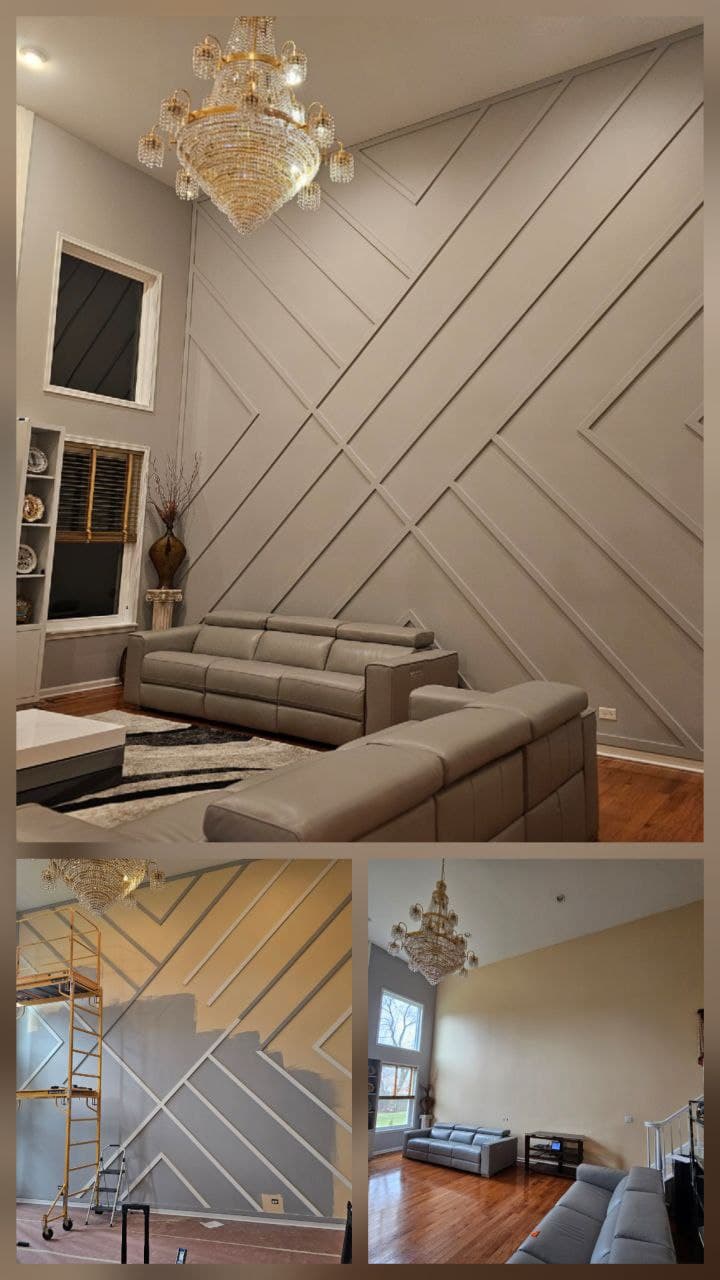 Gray geometric board & batten accent wall in a two-story living room