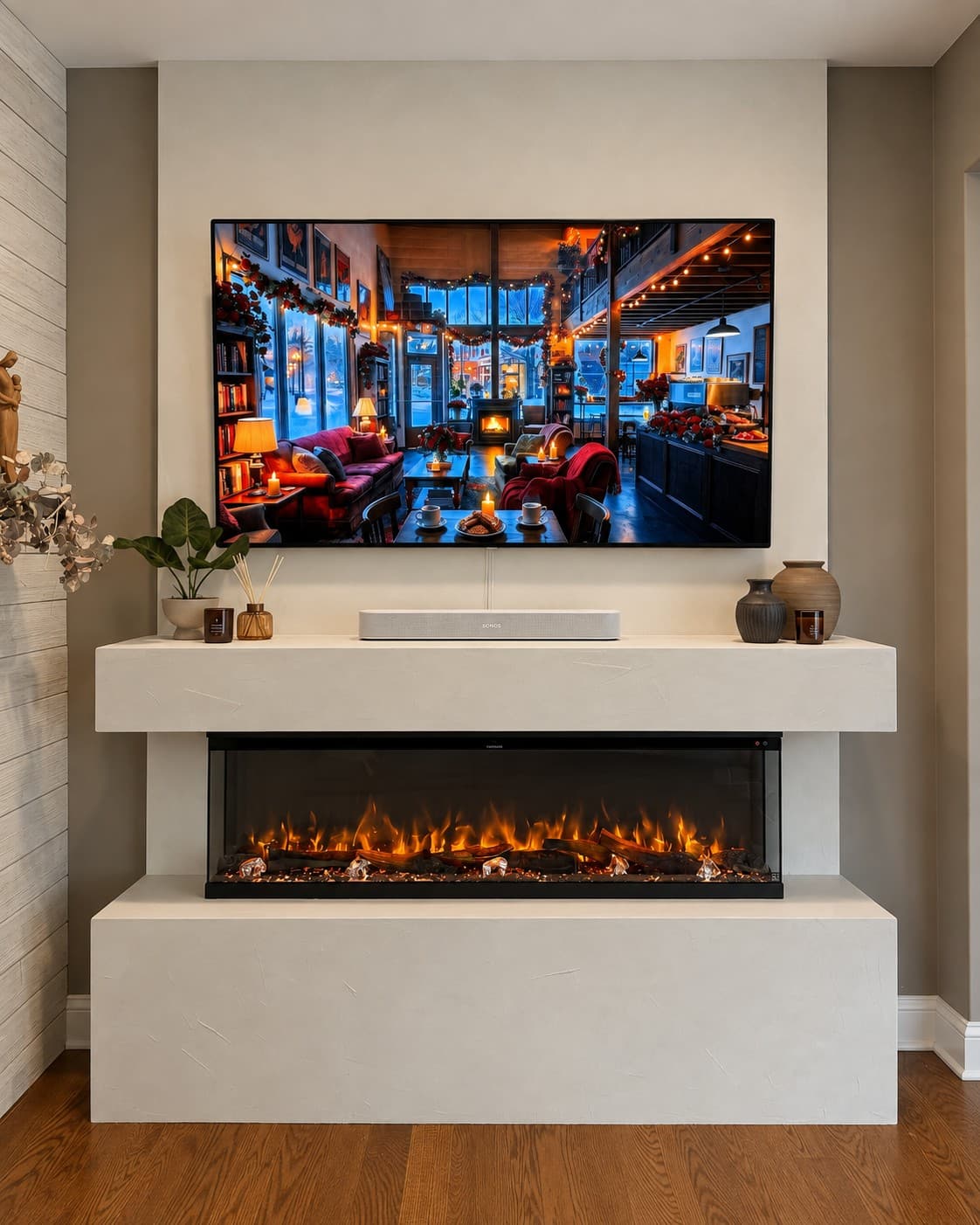 Modern plaster media wall with a floating concrete-look mantle and a three-sided fireplace, TV mounted above